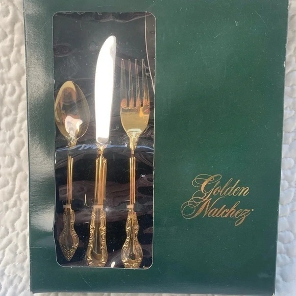 New old stock, Oneida Kenwood, Golden Natchez flatware, 20 piece 24K gold plated - Picture 2 of 11